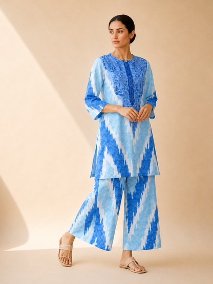 Azure Blue Artistic Print Kurta Palazzo Set