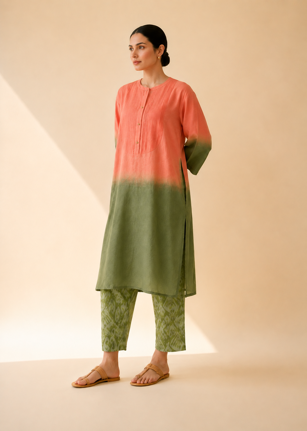 Coral & Olive Ombre Kurta Pant Set