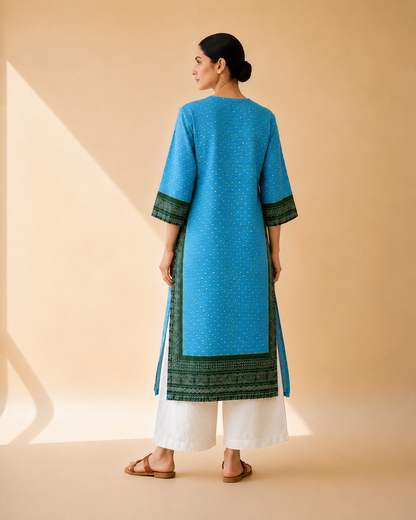 Sky Blue & Bottle Green Heritage Border Kurta Palazzo Set