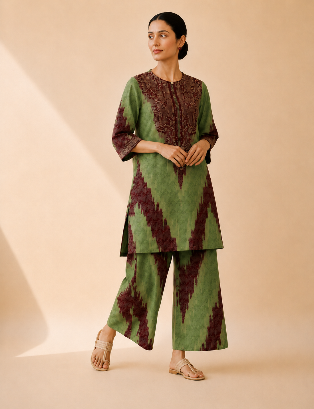 Olive Green & Maroon Artistic Print Kurta Palazzo Set
