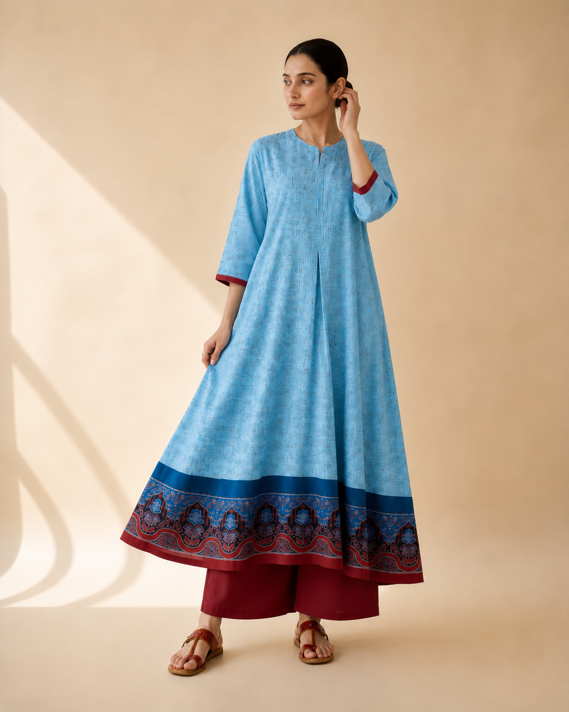 Sky Blue Heritage Border Flared Kurta Palazzo Set