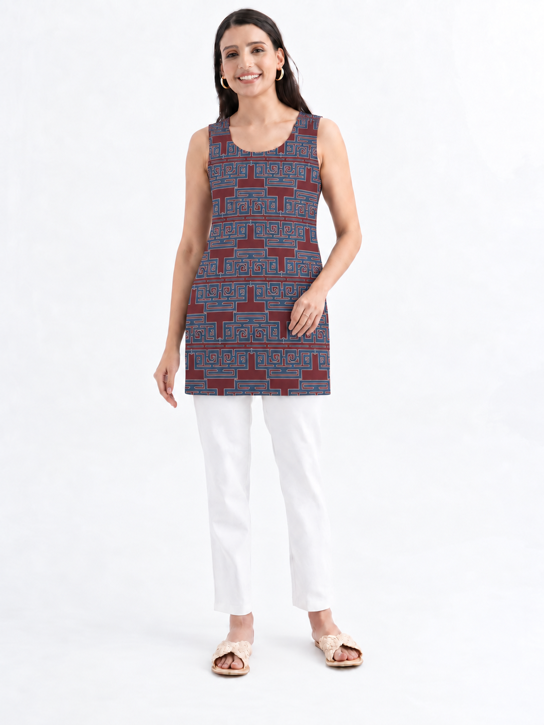 Women's Maroon Printed Sleeveless Cotton Top