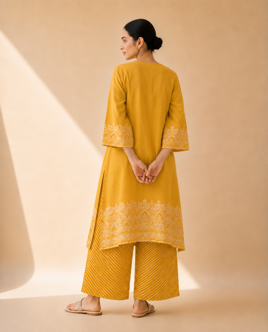 Mustard Yellow Heritage Print Kurta Palazzo Set