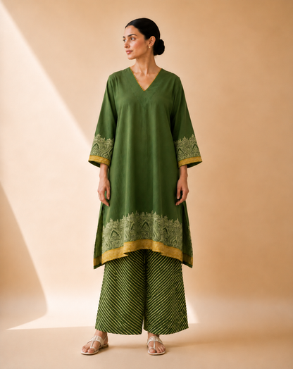 Olive Green Heritage Print Kurta Palazzo Set