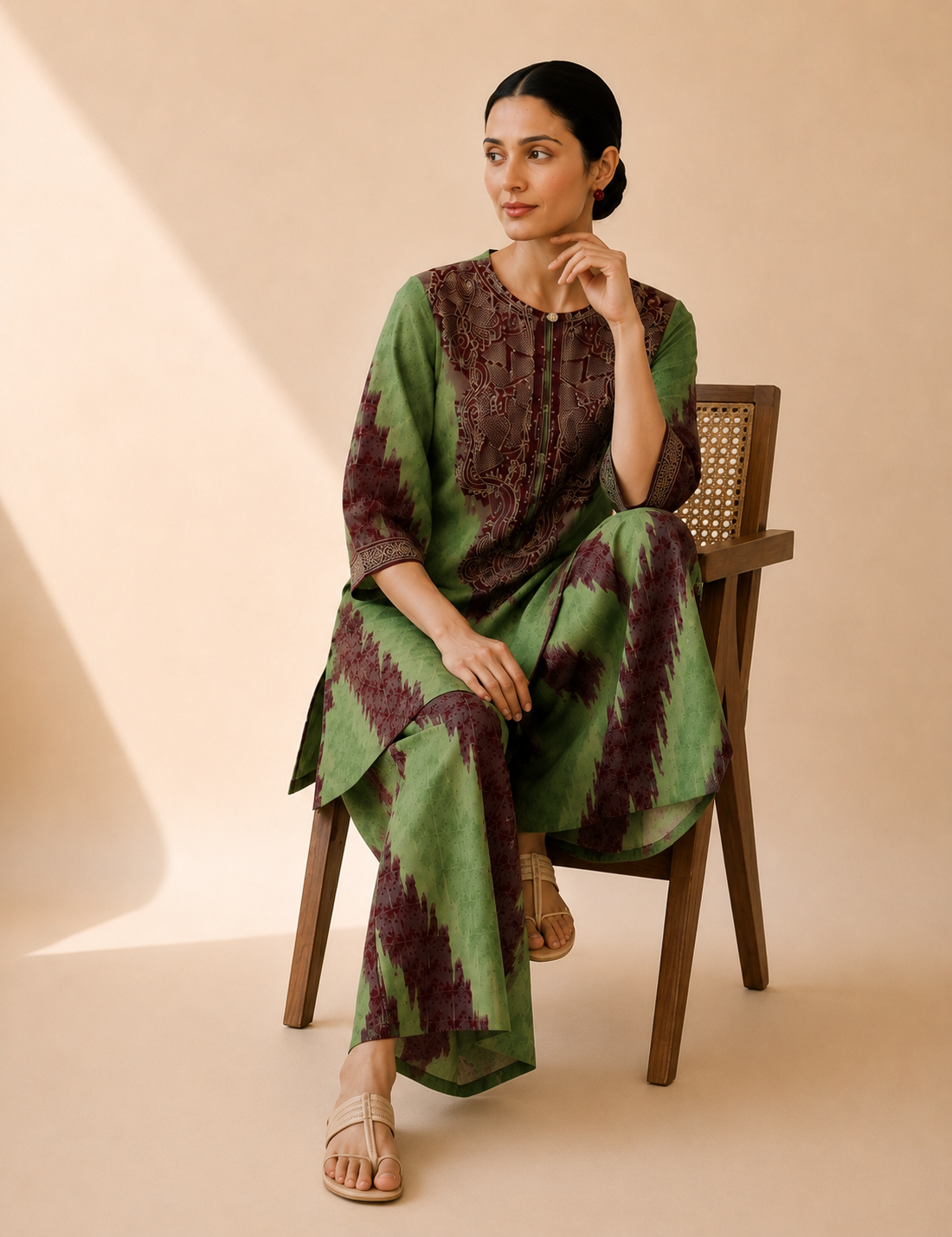 Olive Green & Maroon Artistic Print Kurta Palazzo Set
