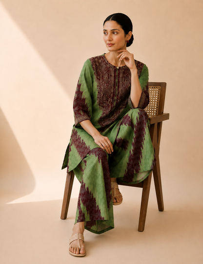 Olive Green & Maroon Artistic Print Kurta Palazzo Set