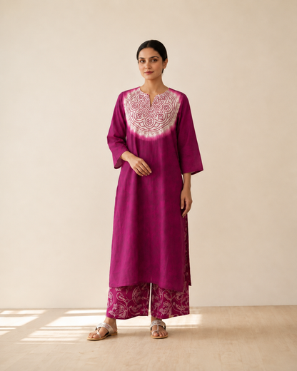 Women's Premium Magenta Cotton Tie-Dye Embroidered Kurta