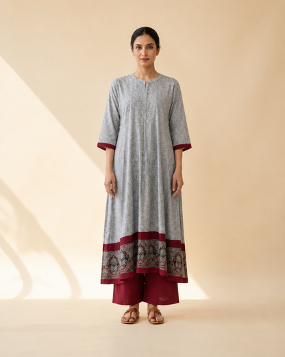 Dove Grey & Maroon Heritage Border Flared Kurta Palazzo Set