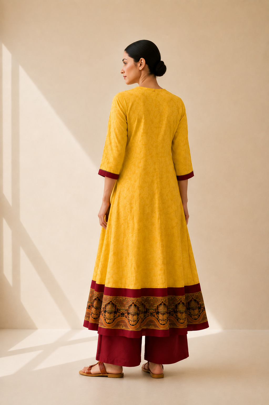 Mustard Yellow & Maroon Printed Flared Kurta Palazzo Set