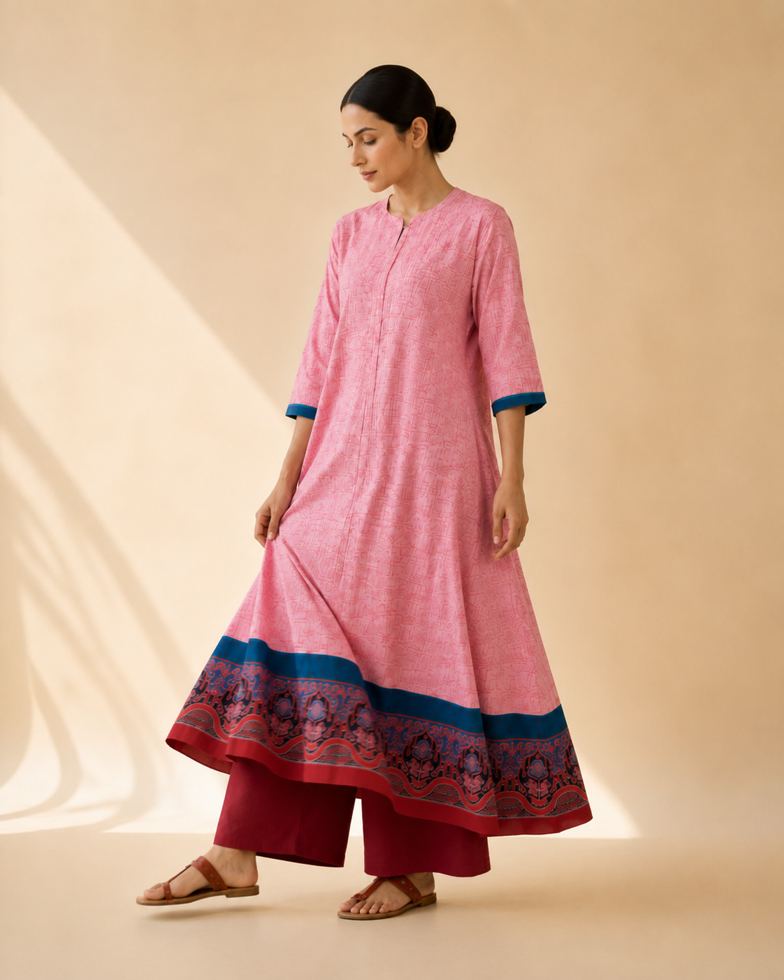 Blush Pink Heritage Border Flared Kurta Palazzo Set