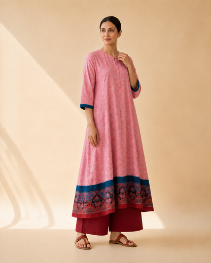 Blush Pink Heritage Border Flared Kurta Palazzo Set