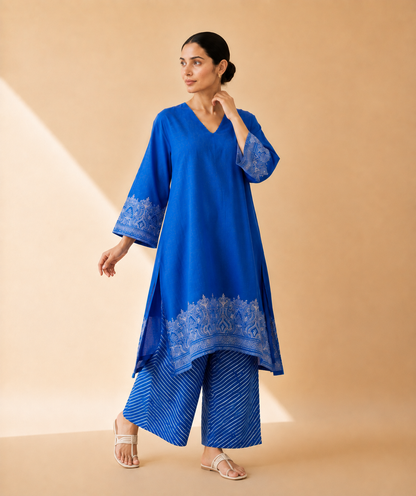 Royal Blue Heritage Border Kurta Palazzo Set