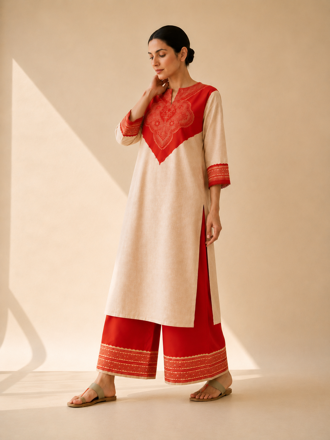 Ivory & Red Heritage Motif Kurta Palazzo Set