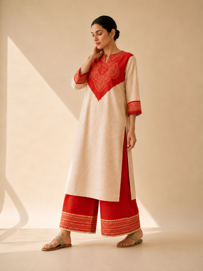 Ivory & Red Heritage Motif Kurta Palazzo Set