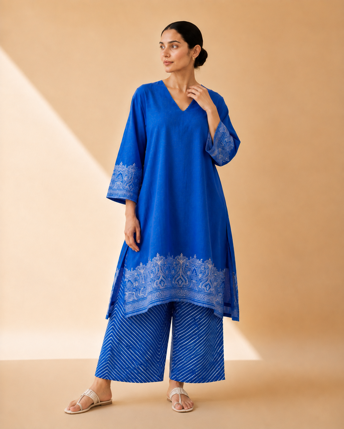 Royal Blue Heritage Border Kurta Palazzo Set