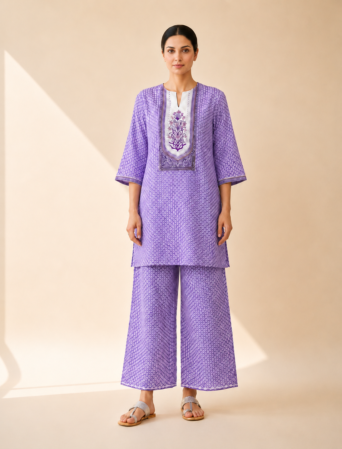 Lavender Bandhani Print Kurta Palazzo Set