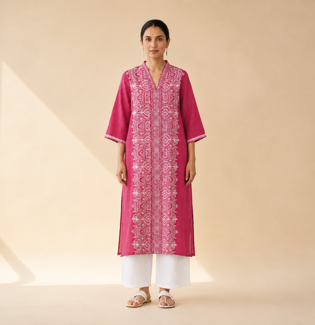 Rani Pink Embroidered Kurta Palazzo Set