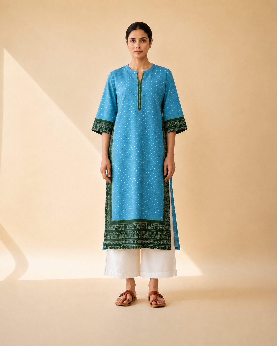 Sky Blue & Bottle Green Heritage Border Kurta Palazzo Set