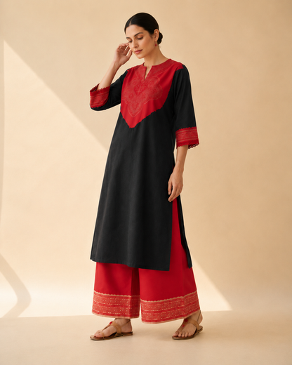 Black & Red Statement Yoke Kurta Palazzo Set