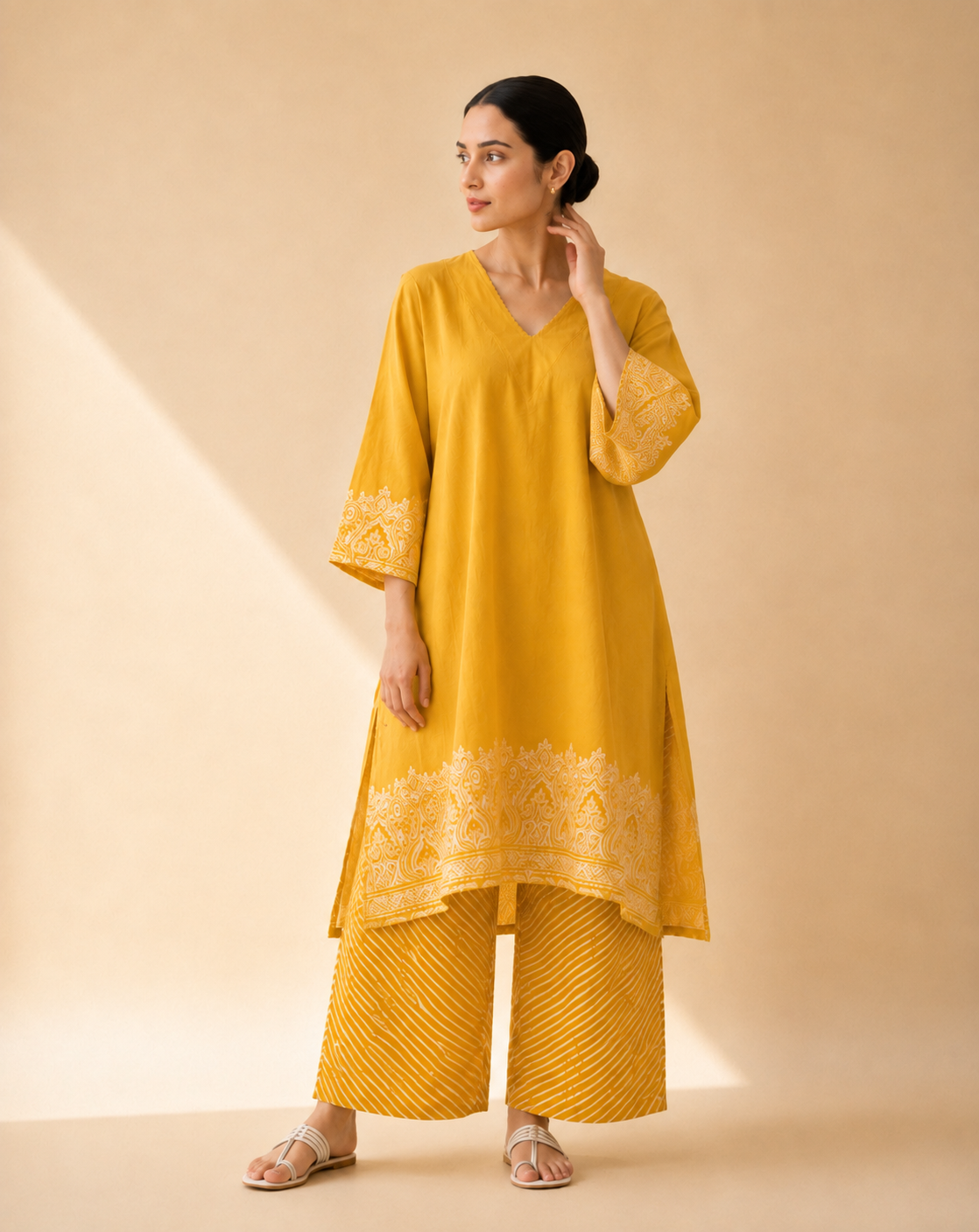 Mustard Yellow Heritage Print Kurta Palazzo Set