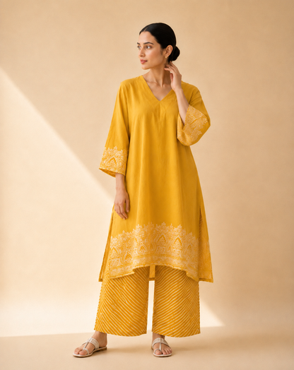 Mustard Yellow Heritage Print Kurta Palazzo Set