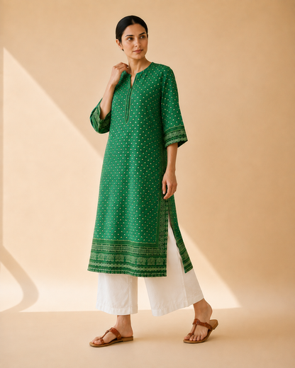 Emerald Green Heritage Print Kurta Palazzo Set