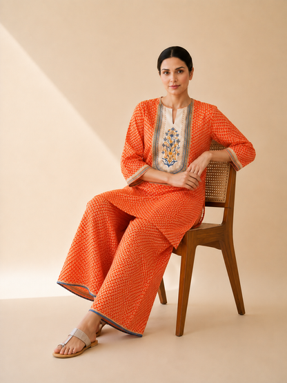Orange Bandhani Print Kurta Palazzo Set