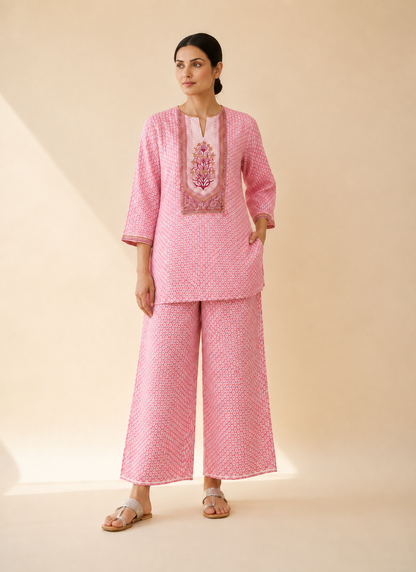 Blush Pink Bandhani Print Kurta Palazzo Set