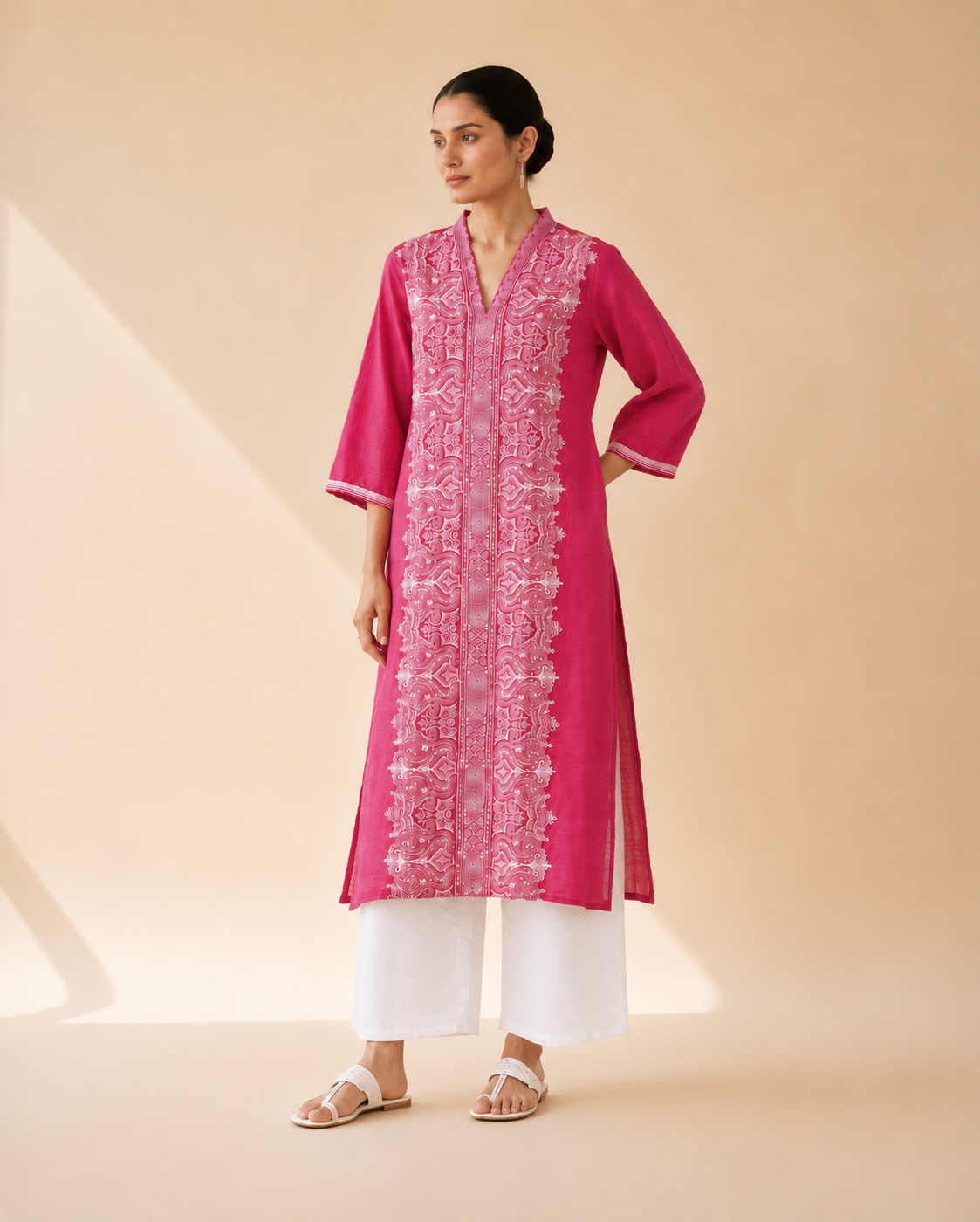 Rani Pink Embroidered Kurta Palazzo Set