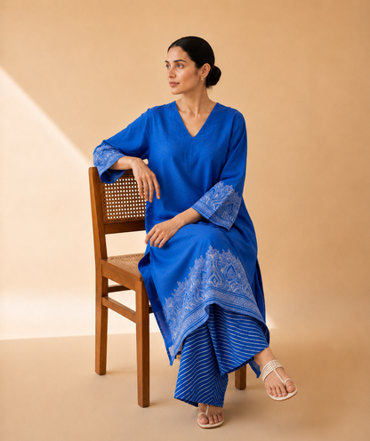 Royal Blue Heritage Border Kurta Palazzo Set