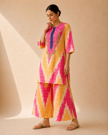 Fuchsia Pink & Mustard Artistic Print Kurta Palazzo Set