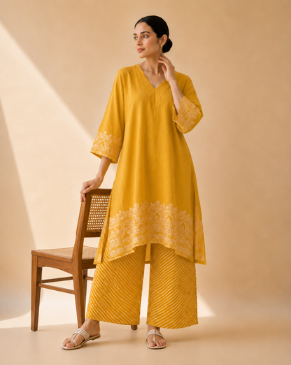 Mustard Yellow Heritage Print Kurta Palazzo Set