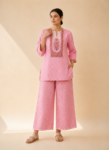 Blush Pink Bandhani Print Kurta Palazzo Set