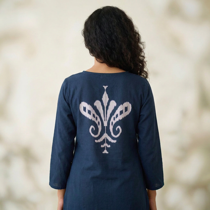 Slate Blue Botanical Print Pleated Dress