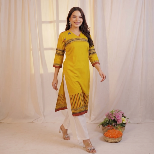mustard yellow printed kurti