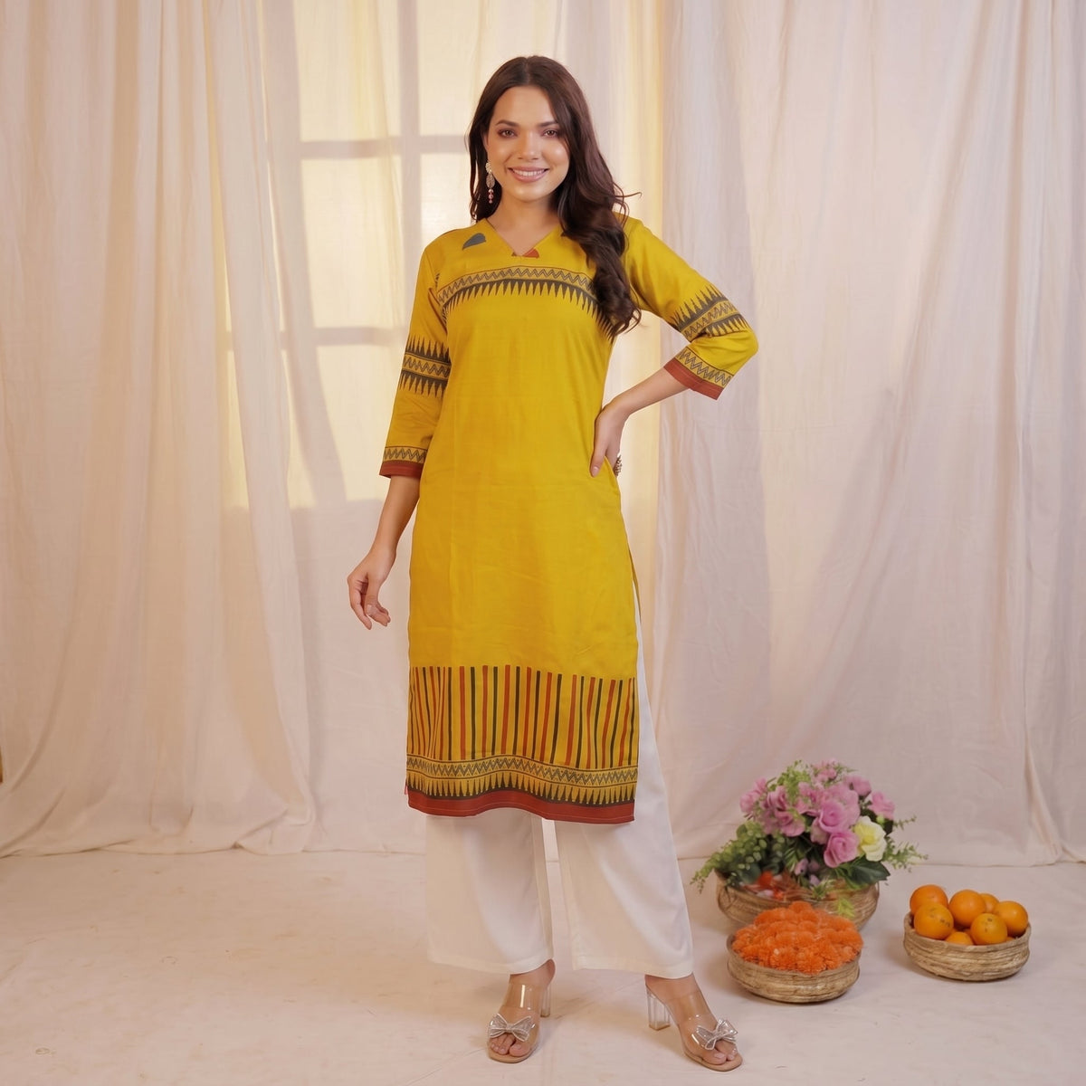 mustard yellow printed kurti