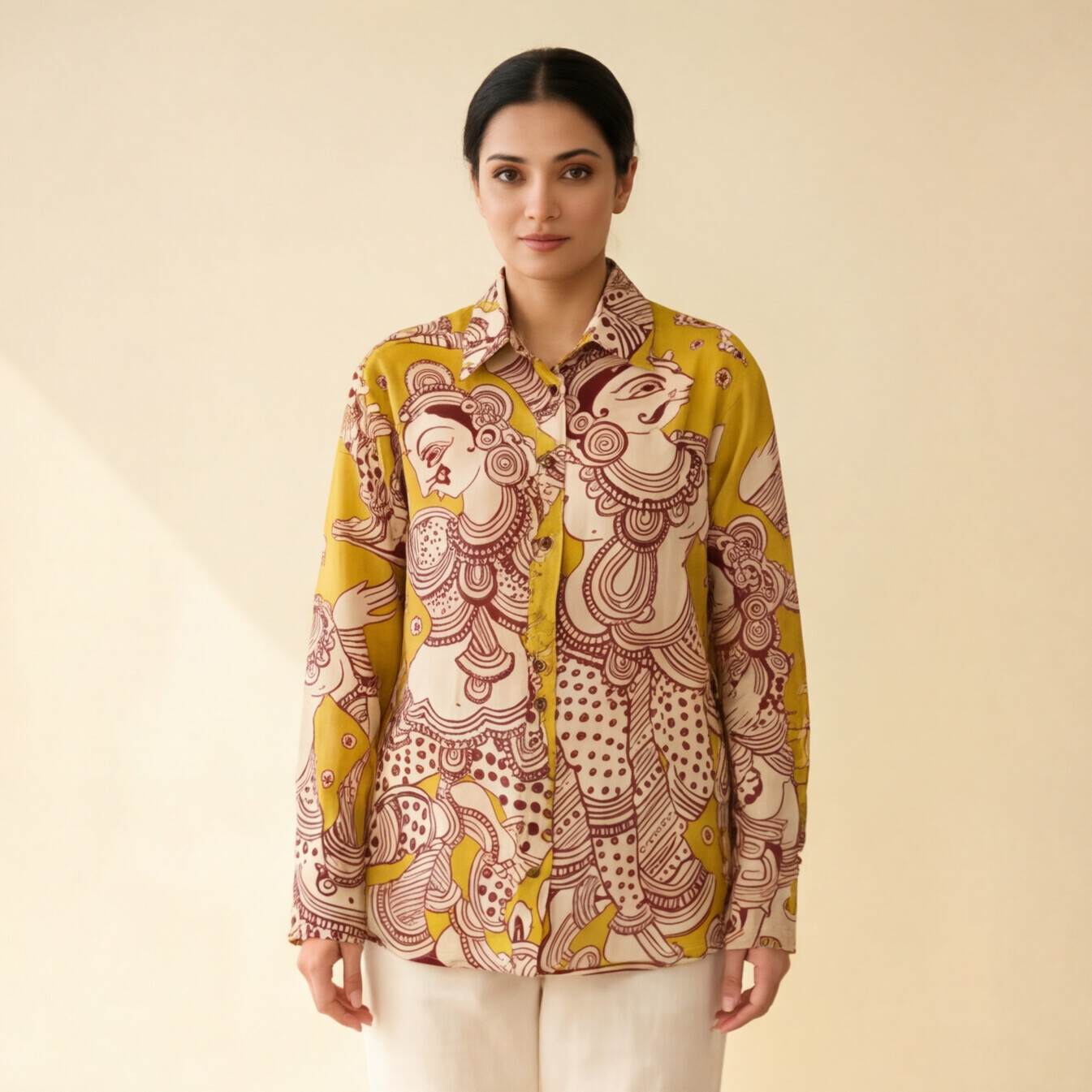Women's Premium Mustard Yellow Printed Cotton Shirt