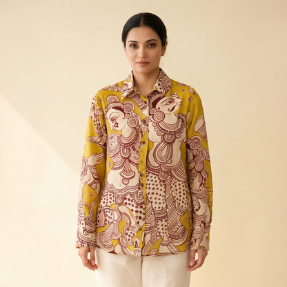 Women's Premium Mustard Yellow Printed Cotton Shirt