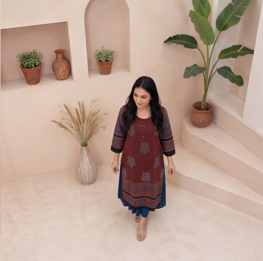 Wine Elegance Printed A-Line Kurta Set
