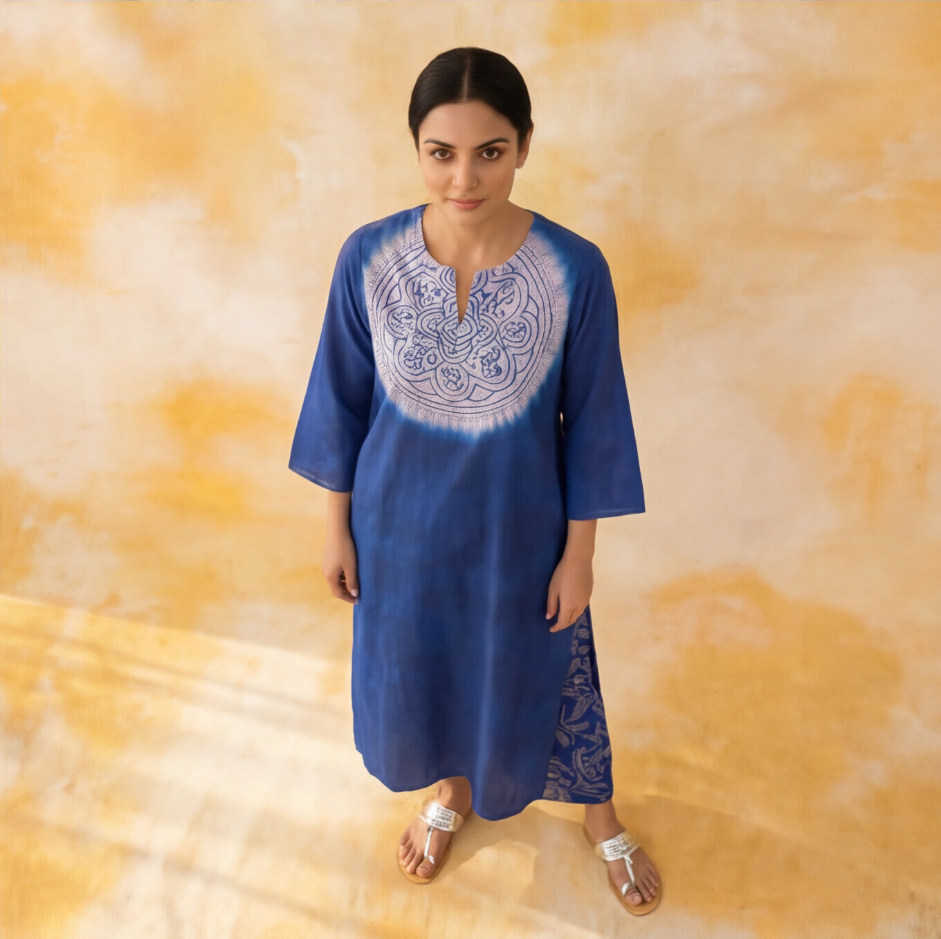 Women's Premium Blue Cotton Tie-Dye Embroidered Kurta