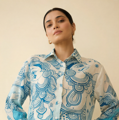 Women's Premium Sky Blue Cotton Printed Shirt