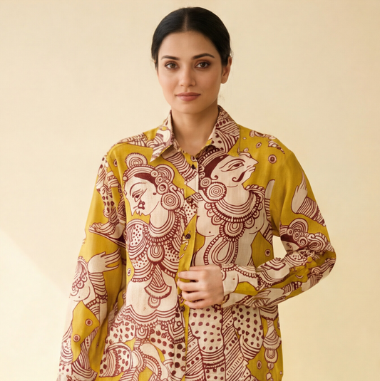 Women's Premium Mustard Yellow Printed Cotton Shirt