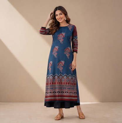 Azure Bloom Printed A-Line Kurta Set