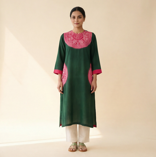 Women's Premium Emerald Green Cotton Embroidered Kurta Set