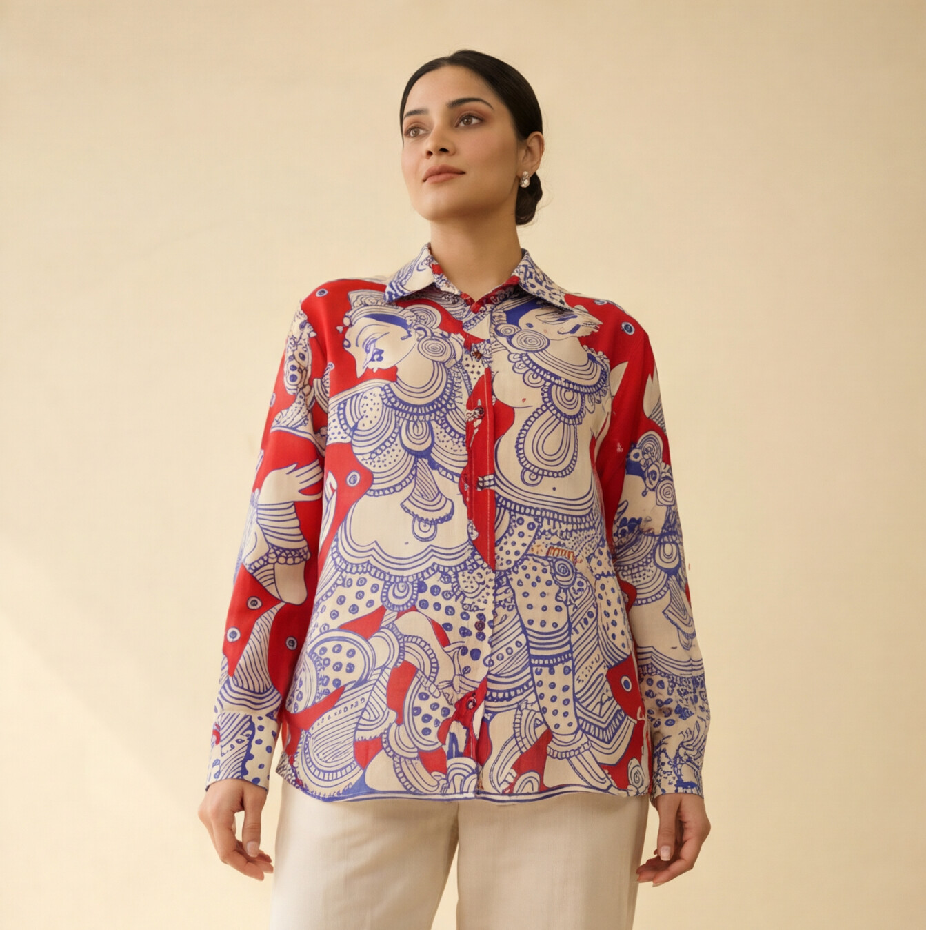 Women's Premium Red & Ivory Cotton Printed Shirt