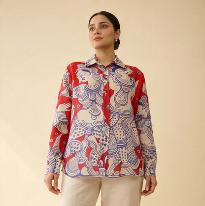 Women's Premium Red & Ivory Cotton Printed Shirt