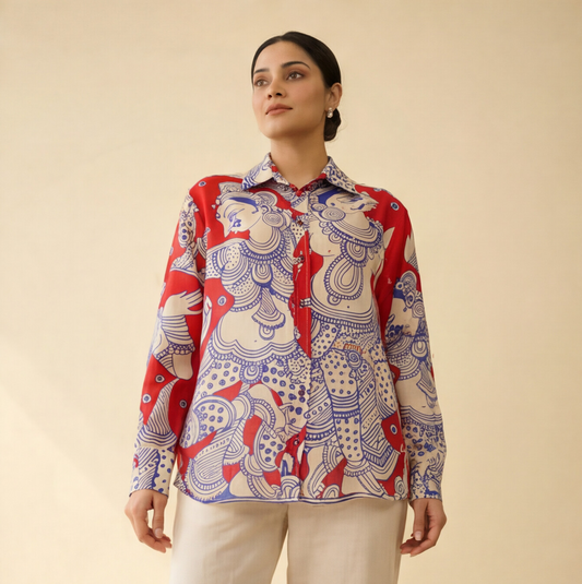 Women's Premium Red & Ivory Cotton Printed Shirt