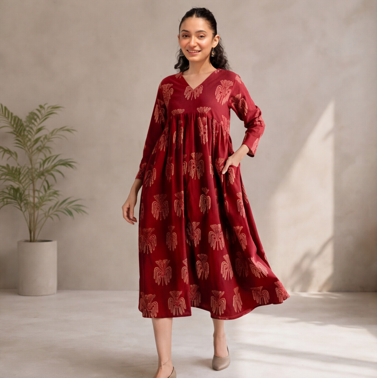 Women's Maroon Printed Cotton A-Line Dress