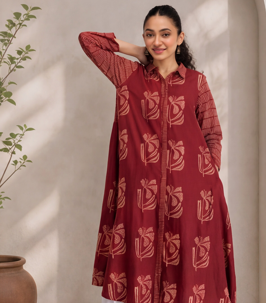 Women's Maroon Floral Printed Cotton Shirt Dress