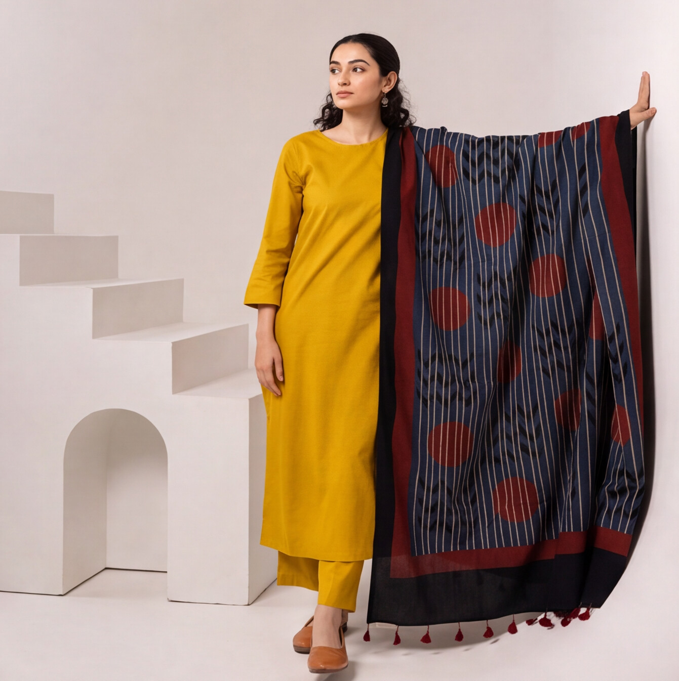 Mustard Yellow Kurta Set with Printed Dupatta